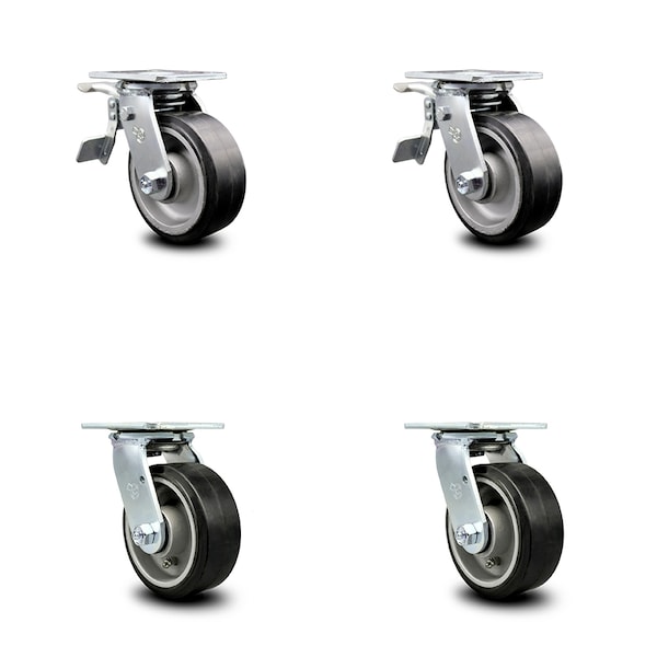 5 Inch Rubber on Aluminum Caster Set with Ball Bearings 2 Brake 2 Swivel Lock